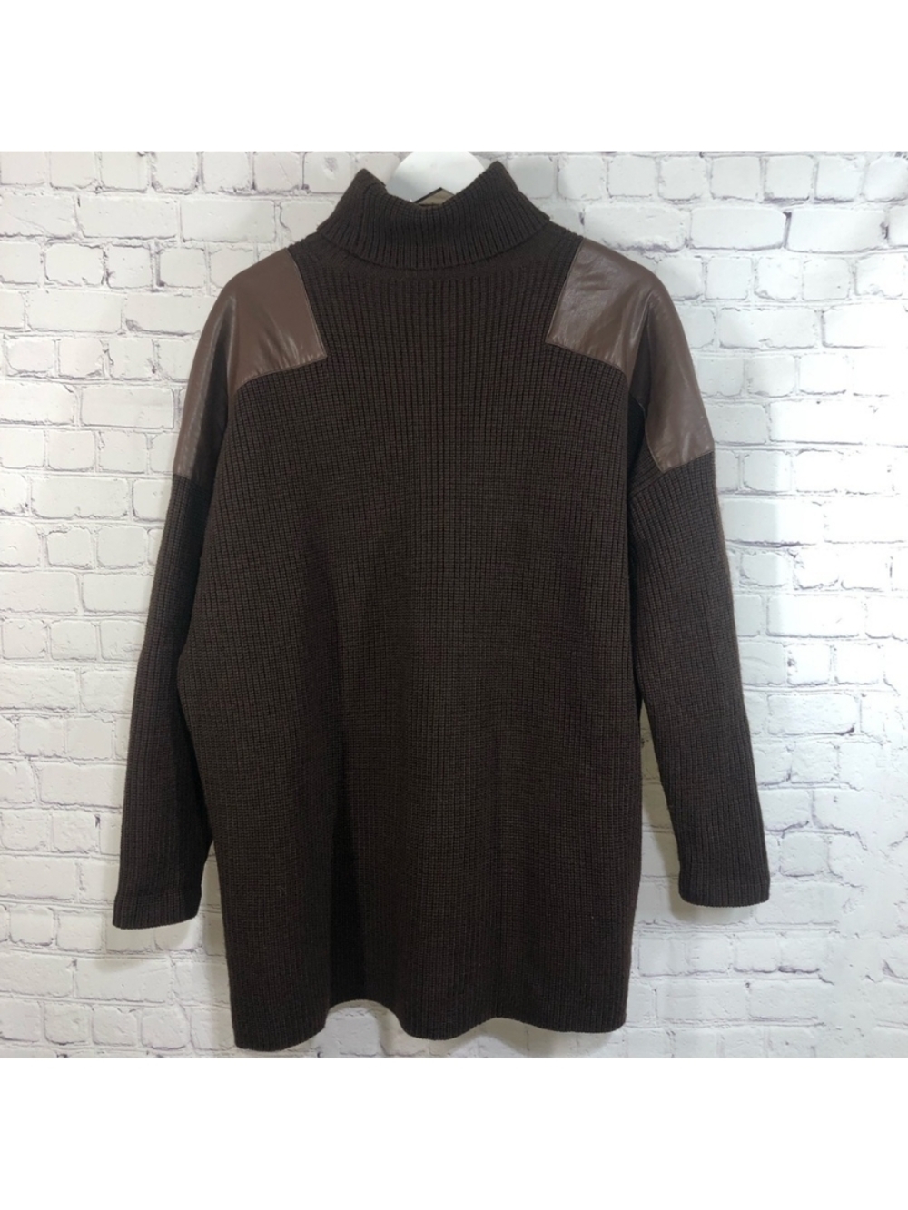Ralph Lauren Brown Knit Turtleneck Sweater with Leather Shoulder Panels